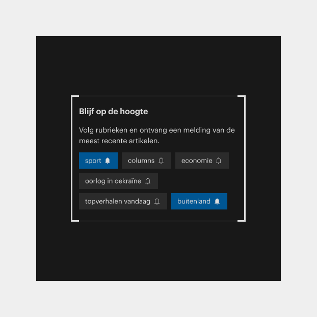 A design of the tags for De Trouw in Dark Mode